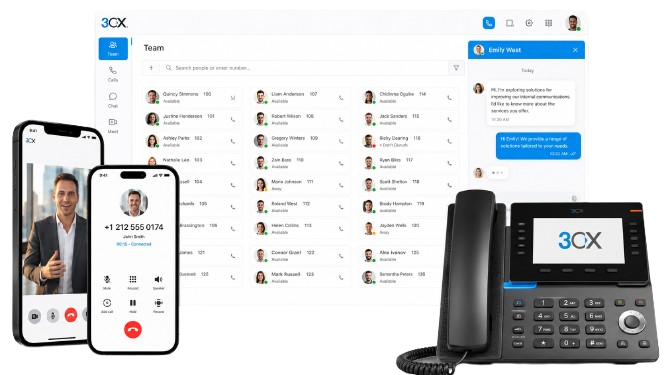 The 3CX web client, the mobile app on a call and a desk phone